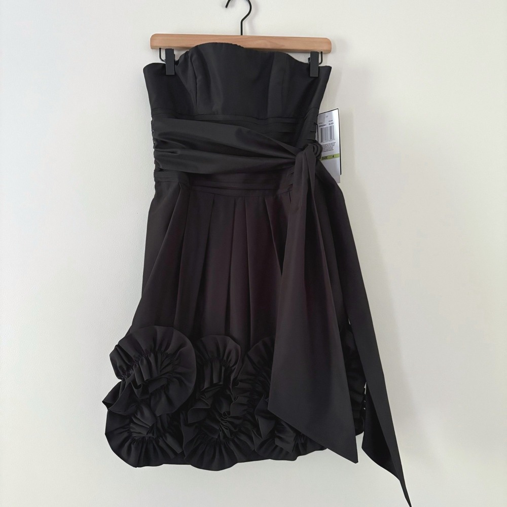 Night Way Dress Size 4 Black Strapless Rosette Hem Cocktail Party Mini Sash LBD